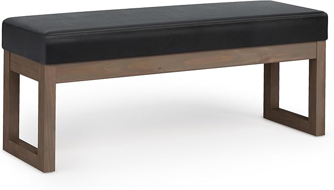 SIMPLIHOME Milltown Large Ottoman Bench - 44 inch Wide Upholstered Vegan Leather Rectangle Footstool Ottoman in Midnight Black, Contemporary Bench for Bedroom with Cushioned Seat, Assembled