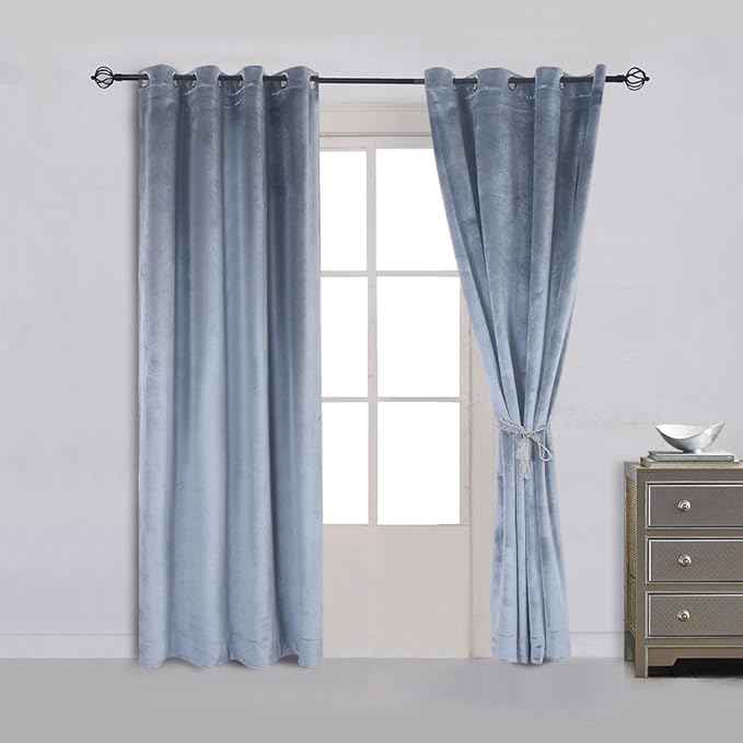 Cherry Home Super Soft Luxury Velvet Stone Blue Set of 2 Blackout Drapes Room Darkening Curtains Panel Grommet Drapery 52 by 84-Inch Dusty Blue(2 Panels) with Matching Tiebacks