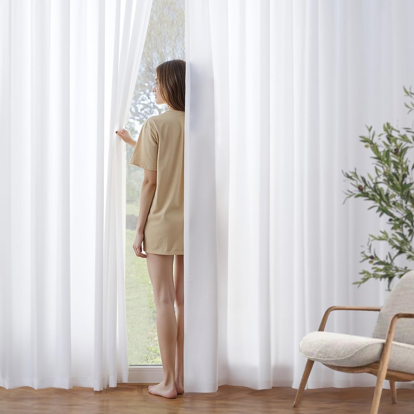 MIULEE White Privacy Sheer Curtains That Let Light in 102 Inches Long Non-See-Through Semi Sheer Curtains Light Filtering Window Curtain Drapes for Living Room Bedroom 2 Panels Set 42 X 102