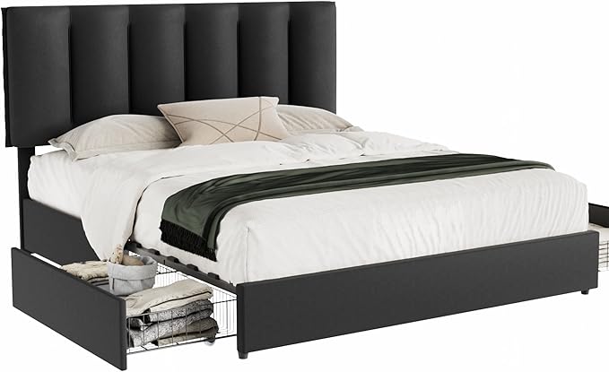 VECELO King Size Bed Frame with 4 Storage Drawers, Adjustable Height Headboard, Heavy-Duty Bedframe with Strong Wooden Slats, No Box Spring Needed, Black