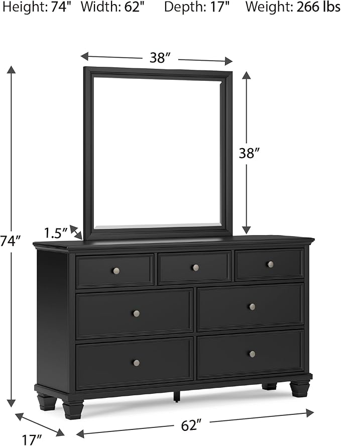 Signature Design by Ashley Lanolee Modern 7-Drawer Dresser and Mirror with Safety Stop, Classic Style, Sturdy Wood, Birch Veneer, Framed Drawer Fronts, Metal Drawer Knobs, Pewter-Tone Finish, Black