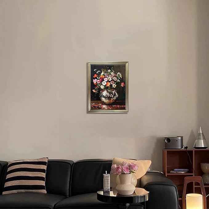 Disco Ball Wall Decor, Retro Eclectic Wall Art, Vintage Framed Colorful Moody Florals Painting, Maximalist Funky Flowers Bouquet Print Artwork