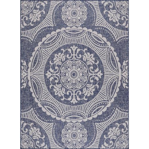 Medallion Outdoor Rug 8x10 Washable Outside Carpet for Indoor Patio Porch Waterproof Easy Cleaning Non Shedding Area Rugs Blue 8 x 10