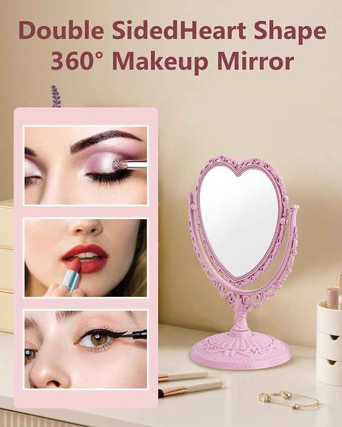 Heart Shaped Cute Vanity Princess Mirror for Desk,Double-Sided Rotatable Table with Stand Downtown Girl Room Coquette Decor (Pink)