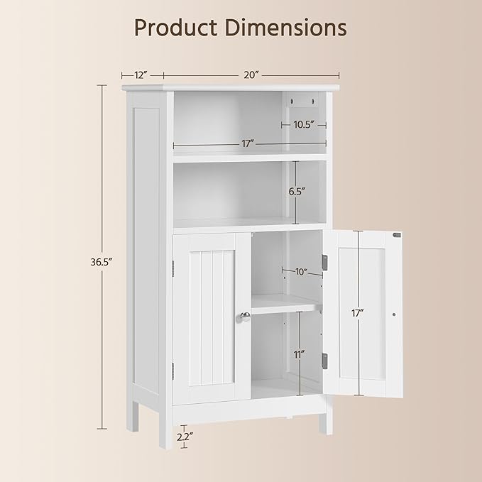 Yaheetech Bathroom Floor Cabinet, Free Standing Cabinet with Double Door and Adjustable Shelf, Side Tall Storage Organizer for Living Room/Kitchen/Hallway/Home Office, White