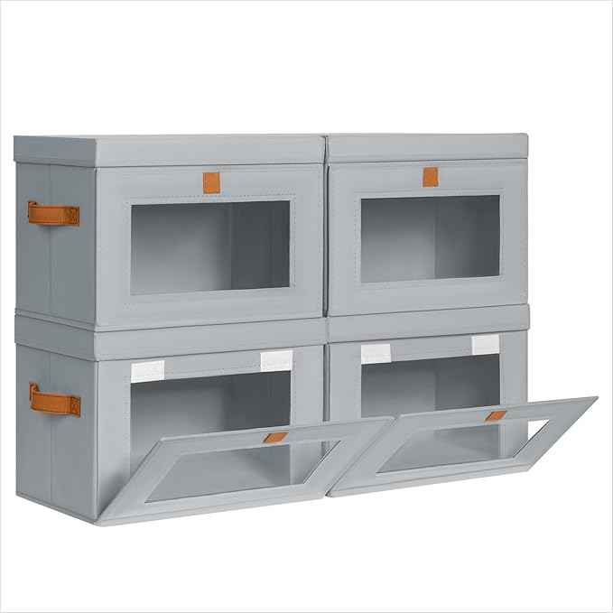 Small Fabric Storage bins - Collapsible Storage Bins with Open Window, 4 Pack Closet Baskets for Shelves, Stackable Decorative Boxes for Home, Dorm, Grey, 13.7"x 9.8" x 9.8"
