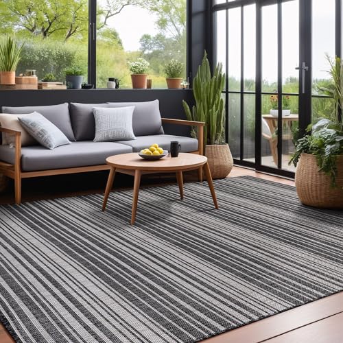 Stripe Outdoor Rug 10x14 Washable Outside Carpet for Indoor Patio Porch Waterproof Easy Cleaning Non Shedding Area Rugs Dark Gray 10 x 14 (140 Sq Ft)