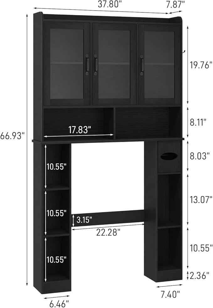 Vabches Over The Toilet Storage Cabinet,Farmhouse Bathroom Organizer with Glass Doors and Adjustable Shelf,Home Space-Saving Toilet Rack,for Restroom,Bathroom, Laundry