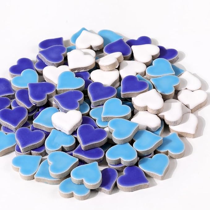 200g Ceramic Mosaic Tiles Pieces, Heart Star Oval Round Flower Shape Mosaics for Crafts Bulk,Student Adults Mosaic Kits Making (Heart（Blue）)