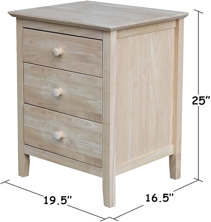 25"H Solid Wood Bedroom Nightstand with 3 Drawers, Parawood Construction, Paint or Stain in Any Color, Durable and Eco-Friendly, Unfinished