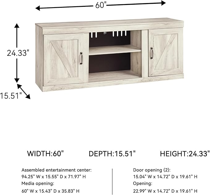 Signature Design by Ashley Bellaby Farmhouse Large TV Stand up to 60" with 3 Adjustable Shelves and Fireplace Option, White