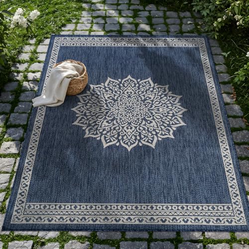 Outdoor Rug 5x7 Medallion Blue Modern Area Rugs for Indoor and Outdoor Patios Kitchen and Hallway Mats Washable Porch Deck Outside Carpet (35 Sq Ft)