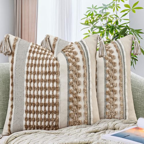 Set of 2 Chenille Striped Textured Boho Throw Pillow Covers Aesthetic with Tassels Woven Decorative Pillow Case for Couch Bed Sofa Bedroom Modern Funky 18 x 18 (2 Count)