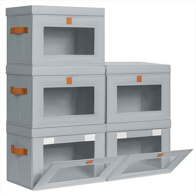 Small Fabric Storage bins - Collapsible Storage Bins with Open Window, 5 Pack Closet Baskets for Shelves, Stackable Decorative Boxes for Home, Dorm, Grey, 13.7"x 9.8" x 9.8"