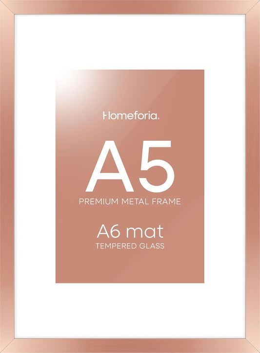 Homeforia A5 Frame Rose Gold, High End Metal 5.8 x 8.3 Picture Frames Matted to 4.1 by 5.8 inch Art, A5 Display Photo Frame with Mat A6, 5.8x8.3 Rose Poster Frames, Tempered Glass, Wall Kit, Set of 1