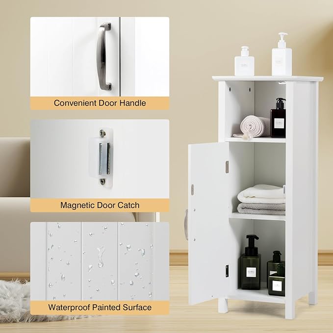COSTWAY Bathroom Storage Cabinet, Freestanding Narrow Storage Organizer with Open Shelf & Adjustable Shelf, Small Slim Floor Cabinet for Bathroom, Living Room, Entryway, Office, White