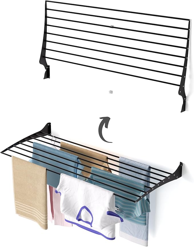 foxydry Fold, Wall Drying Rack, Vertical Drying Rack for Indoor and Outdoor Aluminium and Steel (Black - Closing Up, 116 cm / 45.67 in)