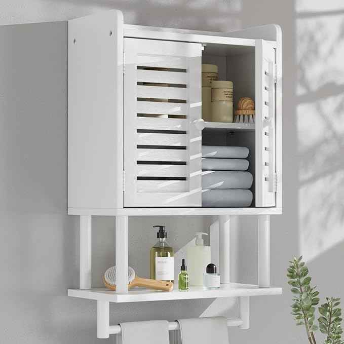 AmazerBath Bathroom Wall Cabinets, Bamboo Medicine Cabinets with Towel Bar, Hanging Over The Toilet Storage Cabinet with Adjustable Shelves, Organizer Cabinet for Small Spaces, 8.3x16.5x26.6 Inches