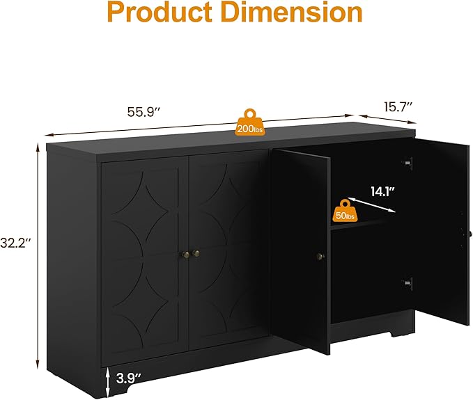 RoyalCraft Sideboard Buffet Cabinet, 56" Modern Credenza with 4 Doors and Adjustable Shelves, Wood Accent Cabinet Console Media for Entryway, Living Room, Kitchen, Satin Black