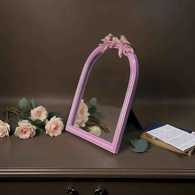 Pink Bird Bow Mirror - 13x10 Inch Perfect Elegant Decorative Accent, Wall-Mounted Tabletop Makeup Mirror for Nursery Baby Room Bedroom Decor