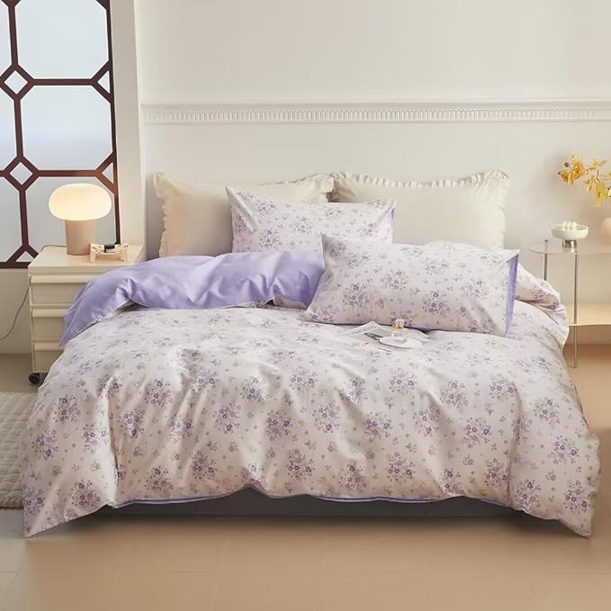 LifeTB Purple Floral Comforter Set Twin XL Fluffy Soft Microfiber Girls Garden Floral Bedding Comforter Botanical Flowers Comforter with 2 Pillowcases Vintage Aesthetic Bedding Twin XL Comforter Set