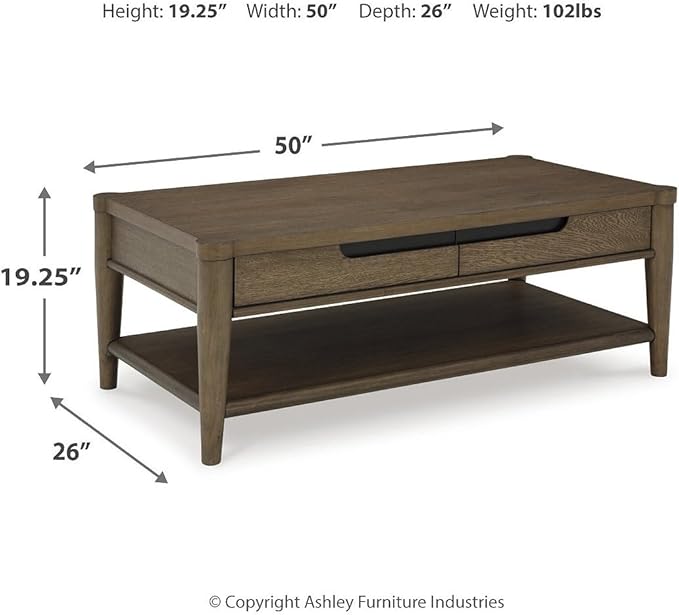 Signature Design by Ashley Roanhowe Contemporary 2-Drawer Coffee Table with Open Lower Shelf and Tapered Legs, Dark Brown