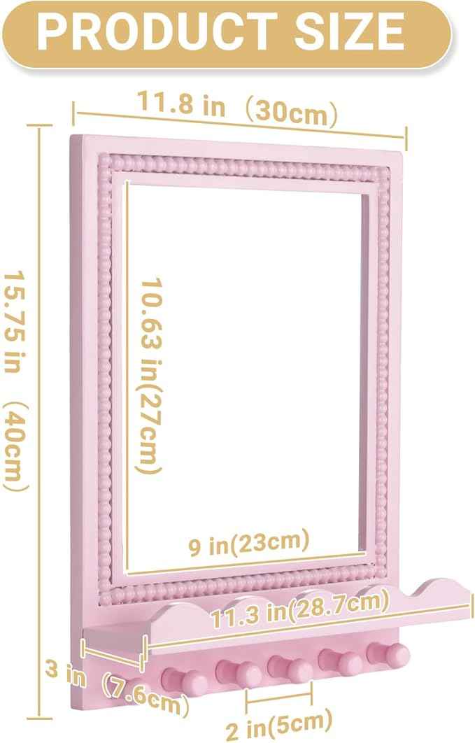 Tirzah 16x12 Inch Wall Mount Beaded Wood Framed Mirror with Shelf and 6 Hooks, Pink Decorative Entryway Mirror with Storage for Laundry Room, Bathroom, Bedroom