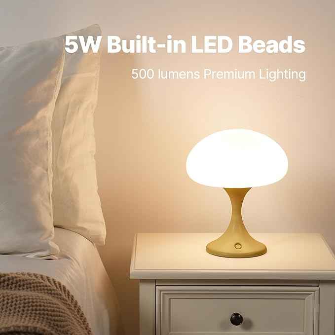 Mushroom Lamp, 5W LED Cordless Rechargeable Table Lamp with Glass Shade, Small Retro Dimmable Touch Light with 3 Color Temps, Aesthetic Mid Century Bedside Light for Bedroom Ambient, Mustard