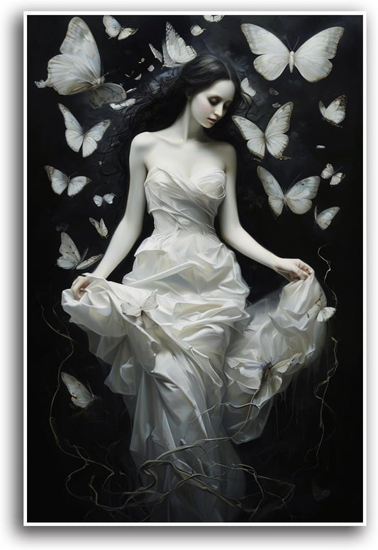 JFHCQJPK Vintage Gothic Feminine Canvas Wall Art Print Butterfly Poster Moody Preppy Wall Art Dark College Decor for Home Bedroom28x40in Frameless