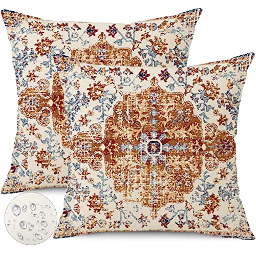 Waterproof Throw Pillow Covers 16X16 Inch Set of 2 Bohemian Vintage Carpet Pattern Brown Blue Ethnic Design Decorative Farmhouse for Couch Garden Balcony (7.5 Count)