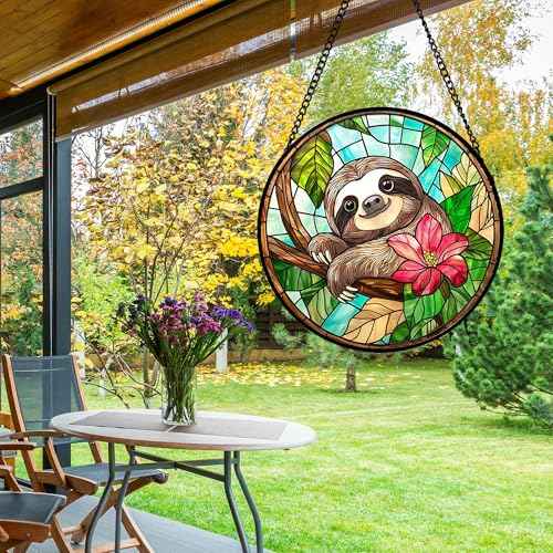 Stained Glass Window Hanging Sloth Flower Suncatcher Gifts for Women 7.8"