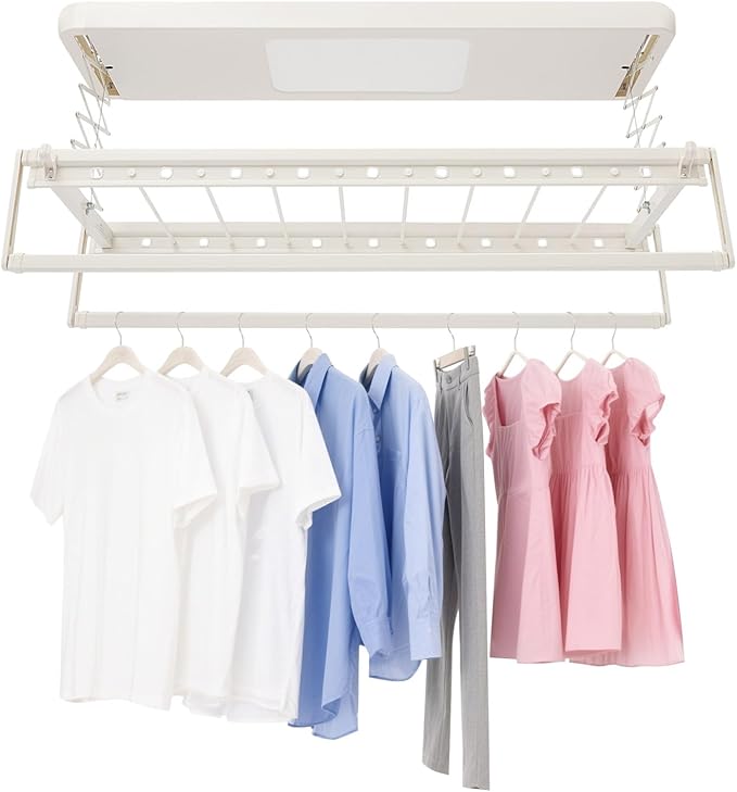 Electric Retractable Airing Rack Off-White Color, Ceiling Clothesline 77lbs Load, Ceiling Mounted Clothes Drying Rack 24W with Remote and Light for Laundry Balcony (Off-White Color)