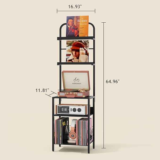 Record Player Stand with Vinyl Storage - 5-Tier Turntable Table with Adjustable Feet, Metal & Wood Cabinet - Console Organizer Display Shelf for Living Room, Apartment