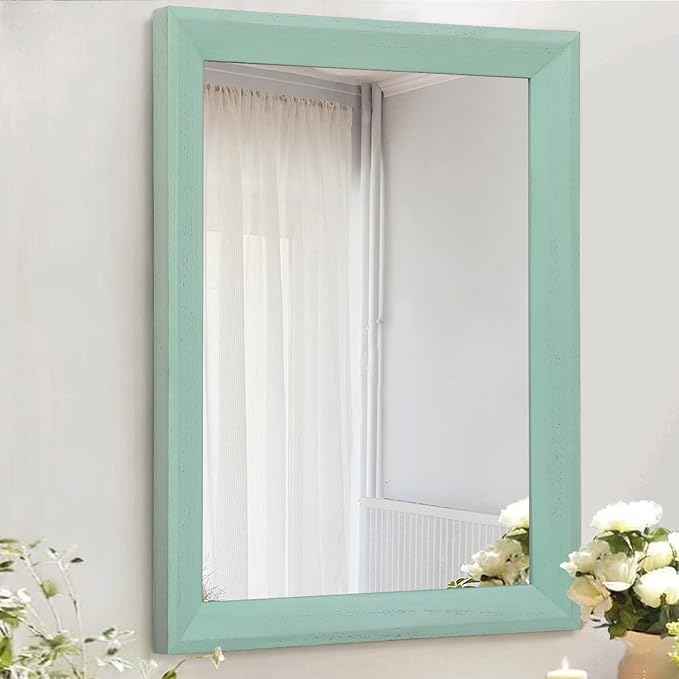 AAZZKANG Wood Framed Mirror Rectangle Modern Farmhouse Wall Mirrors Decor Large 20"x16" for Bedroom Living Room Bathroom Dressing Room Green