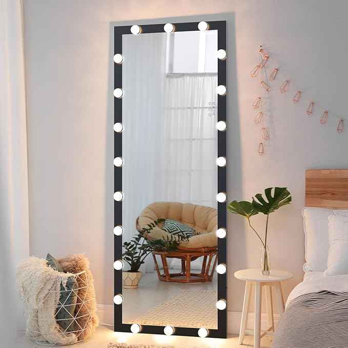 Full Length Mirror with Lights, 65" x 24" Led Standing Mirror, Wall Mounted and Floor Standing Bulbs, Wall Mounted for Bedroom,Dimming&3 Color Modes (Black)