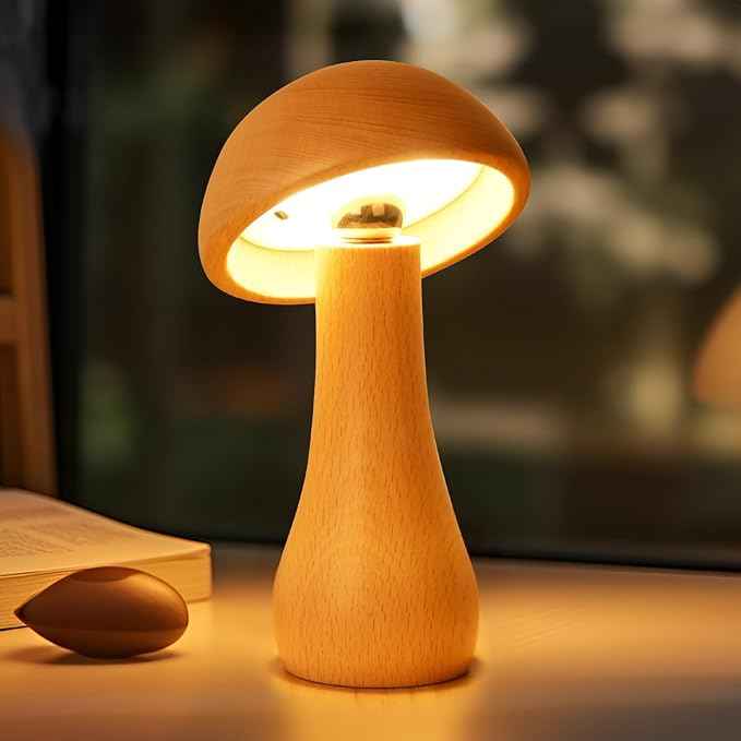 2 Pack Wooden Mushroom Lamp, Portable Cordless Small Rechargeable Battery Operated Lamp,Stepless Dimming,Night Light for Birthday Gifts