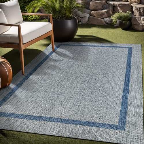 Bordered Outdoor Rug 6x9 Washable Outside Carpet for Indoor Patio Porch Waterproof Easy Cleaning Non Shedding Area Rugs Silver Gray