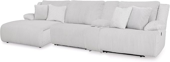 Signature Design by Ashley Top Tier Casual Manual Left-Arm Facing 4-Piece Reclining Sectional with Chaise, Console, Storage, 2 Cup Holders and 4 Accent Pillows, Light Gray