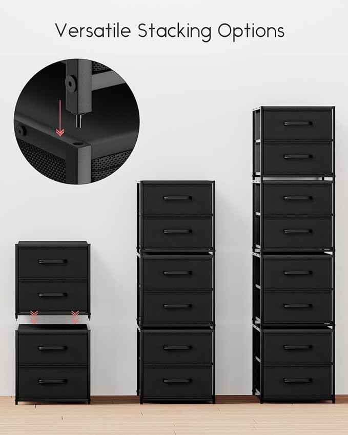 Stackable Storage Drawers - 2 Tier Closet Drawers, Closet Organizer with Metal Handles, Night Stand with Collapsible Bins, Fabric Dresser for Bedroom, Dorm, Office, Black, 2 Pack