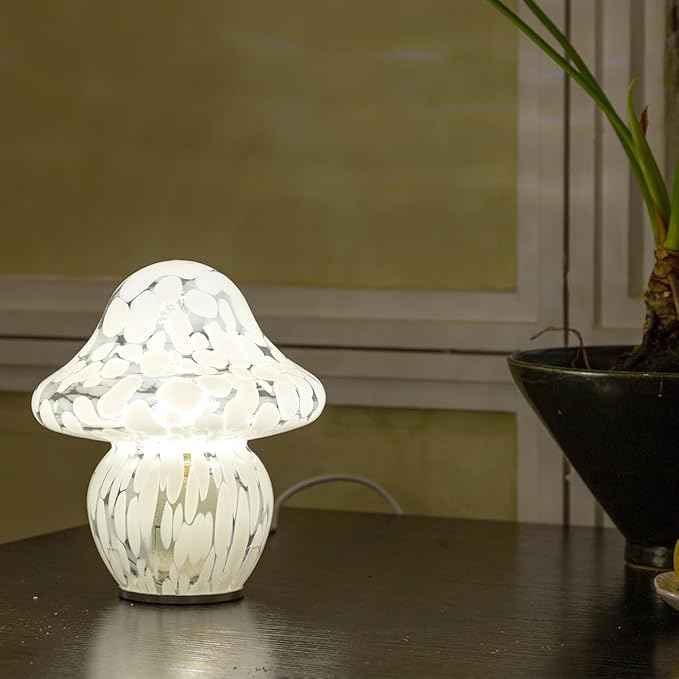 Mushroom Lamp Glass Mushroom Table Lamp for Bedrooms, Living Room, Aesthetic Lamps for Bedroom, Cute Bedside Lamp（White Dot）