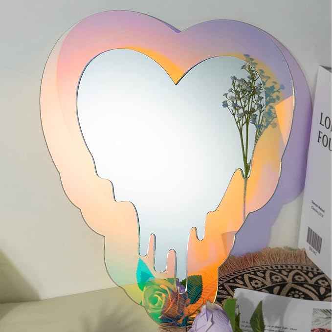 Irregular Wall Mirror Wavy Acrylic Rainbow Mirror Room Decor Aesthetic Mirrors Amorphic Vanity Retro Mirrors for Bedroom Living Room Bathroom Entryway Wall Decor, (Melting Heart Style, 13.5 x 12 Inch)