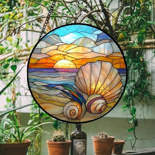 Ocean Stained Glass Window Hanging Suncatcher Beach Gifts for Women 12"