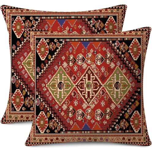 Outdoor Waterproof Pillow Covers 18x18 Inch Set of 2 Tribal Abstract Red and Black Vintage Carpet Pattern Decorative Farmhouse Pillow Covers for Couch Garden Balcony (8 Count)