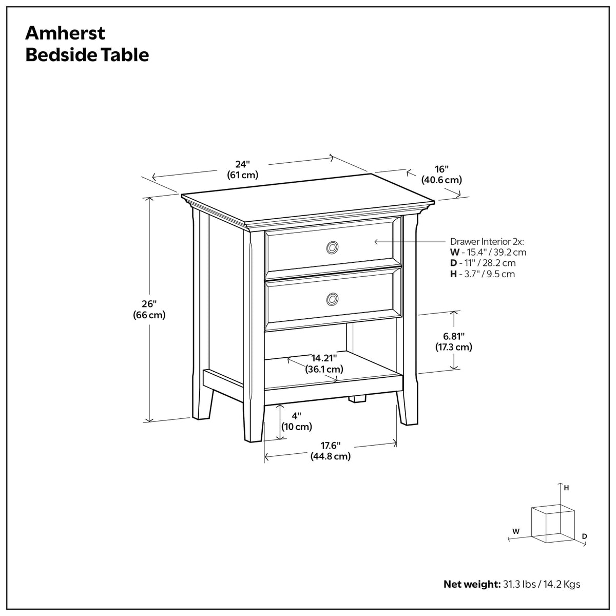 Amherst 24" Wide Solid Wood Bedside Table in Russet Brown