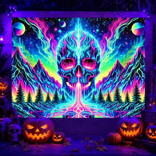 Blacklight Tapestry Skull Mountain Neon Wall Art 78 x 59 Inch