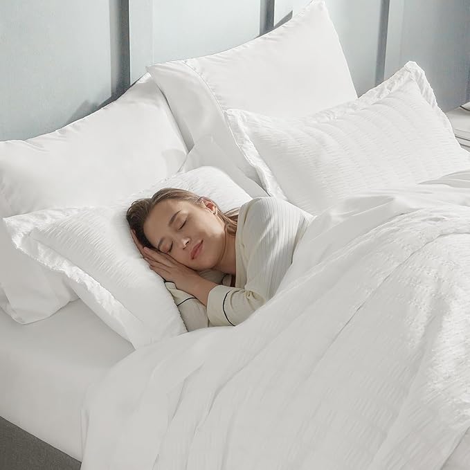 CozyLux Full Size Comforter Sets with Sheets 7 Pieces, White Seersucker Bed in a Bag Textured Luxury Soft Bedding Set with Down Alternative Comforter, Sheets, Pillowcases & Shams for All Seasons