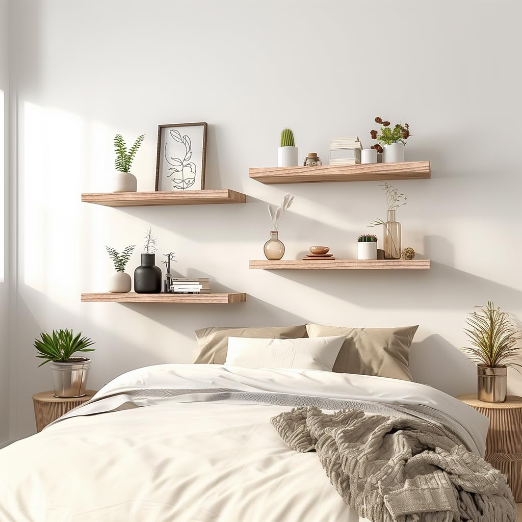 Light Wood Floating Shelves for Wall Rustic Wall Shelves for Bedroom Set of 6 - Décor Diaries
