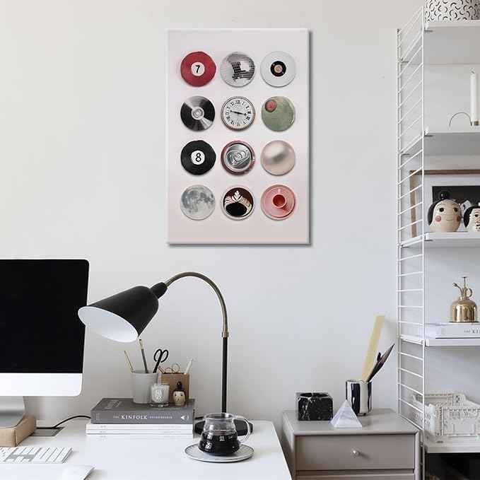 Vintage Disco Ball Canvas Wall Art, Retro 8 Ball Poster, Trendy Music Record Painting, Funky Aesthetic Moon Coffee Cup Prints For Apartment Dorm Wall Decor 24x36in Framed