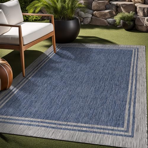Bordered Outdoor Rug 8x10 Washable Outside Carpet for Indoor Patio Porch Waterproof Easy Cleaning Non Shedding Area Rugs Navy 8 x 10