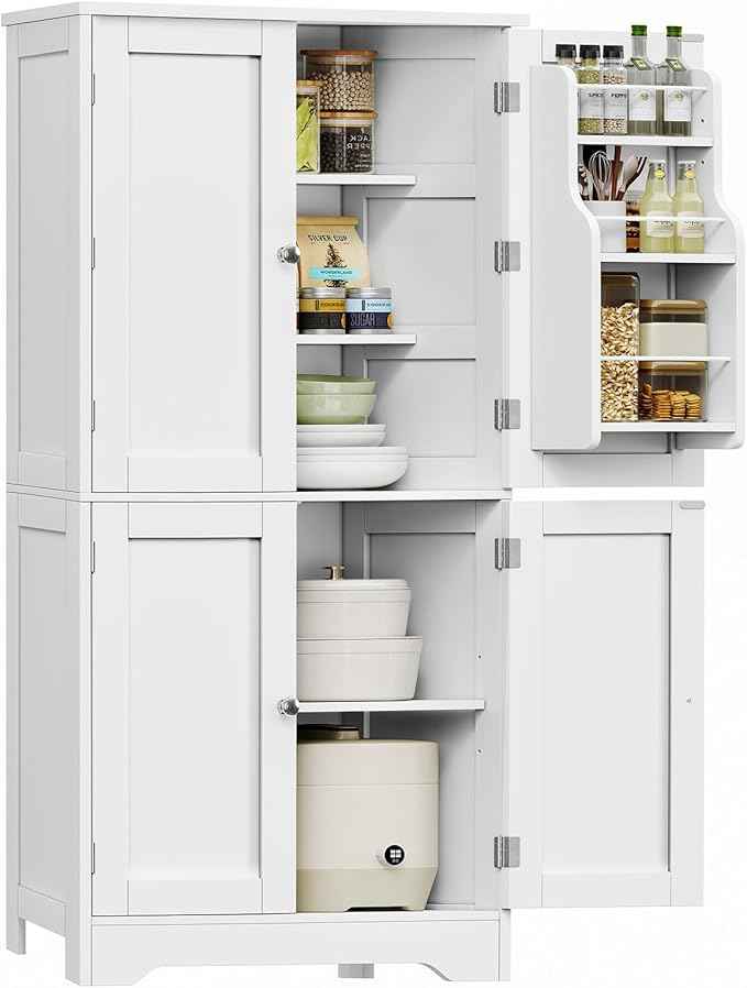TEENFON 51" H Pantry Cabinet with 4 Doors, Kitchen Cabinet with 6 Door Shelves, Storage Cabinet for Living Room, Dining Room, Bathroom, White